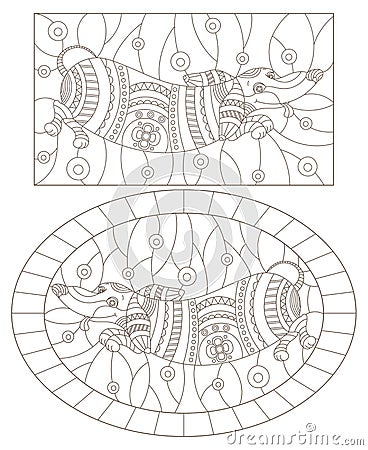 Contour set with illustrations of stained glass Windows with abstract Dachshund dogs, dark outlines on a white background Vector Illustration