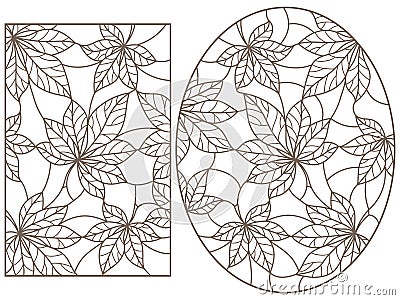 Contour set with illustrations of stained glass Windows with abstract leaf of chestnut backgrounds, dark outlines on white backgro Vector Illustration