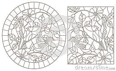 Contour set with illustrations of stained glass Windows with birds on the branches of wild rose, dark contours on a white backgro Vector Illustration