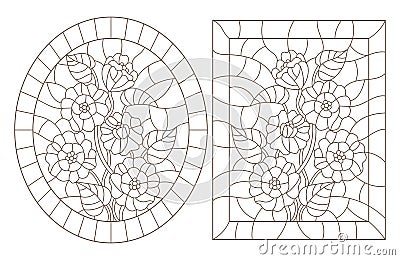 Contour set with illustrations of stained glass Windows with bouquets of flowers, dark outlines on a white background Vector Illustration