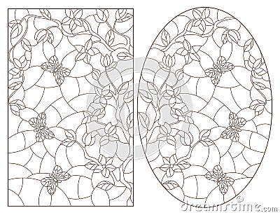 Contour set with illustrations of stained glass Windows with branches of a flowering tree and butterflies, dark outlines on a whi Vector Illustration