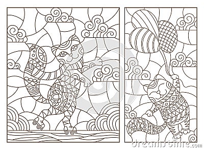 Contour set with illustrations of stained glass Windows with cartoon funny cats, a cat flying on a balloon and a cat on roller sk Vector Illustration