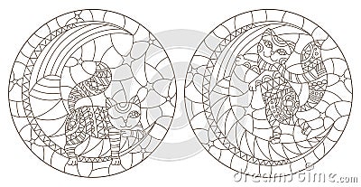 Contour set with illustrations of stained glass Windows with cartoon kittens on the moon against the starry sky , dark contours o Vector Illustration