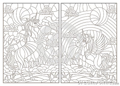 Contour set with illustrations of stained glass Windows with cartoon unicorns on the background of landscapes and sky, dark contou Vector Illustration