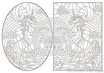 Contour set with illustrations of stained glass Windows with cartoon unicorns on the background of landscapes and sky, dark cont Vector Illustration