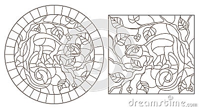 Contour set with illustrations of stained glass Windows with chameleons on tree branches dark contours on a light background Vector Illustration