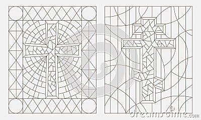 Set contour illustrations of the stained glass Windows with Christian cross Vector Illustration