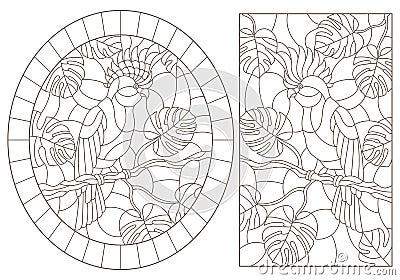 Contour set with illustrations of stained glass Windows with cockatoos parrots sitting on the branches of tropical trees, dark c Vector Illustration