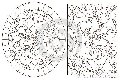 Contour set with illustrations of stained glass Windows with fairies on a background of colors , dark contours on a white backgro Vector Illustration