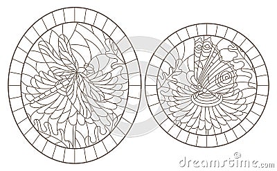 Contour set with illustrations of stained-glass Windows with flowers dragonflys and butterflies, round images, dark contours on Vector Illustration