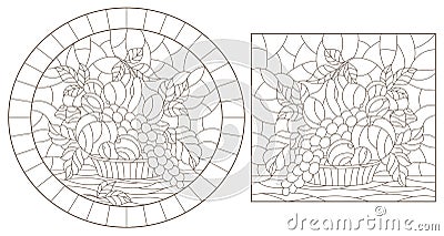 Contour set with illustrations of stained glass Windows with fruit still lifes, dark outlines on a white background Vector Illustration