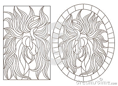 Contour set with illustrations of stained-glass Windows with horses, oval and rectangular image, dark contours on a white backgr Vector Illustration