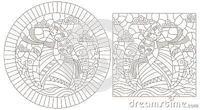 Contour set with illustrations of stained glass Windows with a pair of cats against a winter landscape, dark outlines on a white Vector Illustration