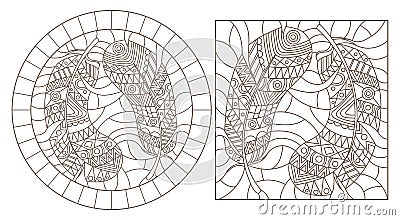 Contour set with illustrations of stained glass Windows with patterned feathers, dark outlines on a white background Vector Illustration
