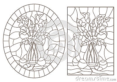 Contour set with illustrations of stained glass Windows with still lifes, bouquets of Callas and pears, dark contours on a white Vector Illustration