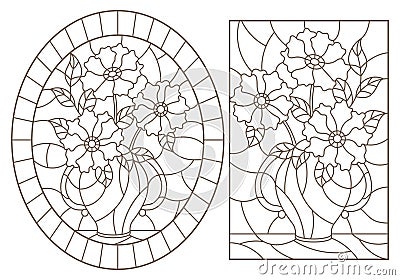 Contour set with illustrations of stained glass Windows with still lifes, bouquets of flowers in vases, dark contours on a white Vector Illustration