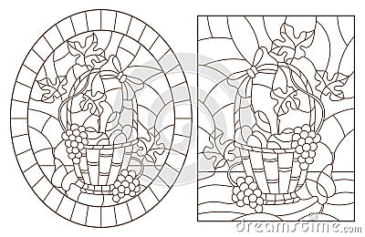 Contour set with illustrations of stained glass Windows with still lifes, fruit baskets, dark contours on a white background Vector Illustration