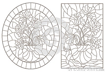 Contour set with illustrations of stained glass Windows with still lifes, poppies and pears, dark outlines on a white background Vector Illustration