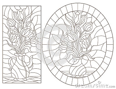 Contour set with illustrations of stained glass Windows with still lifes, vases with Tulip flowers, dark outlines on a white bac Vector Illustration