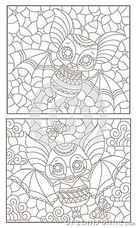 Contour set with illustrations in the style of stained glass with cartoon bats, dark outlines on a white background Vector Illustration