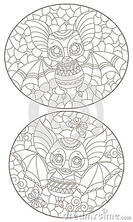 Contour set with illustrations in the style of stained glass with cartoon bats, dark outlines on a white background Vector Illustration