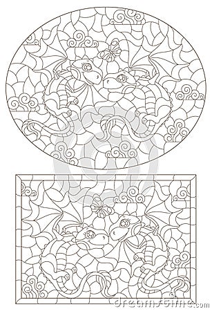 Contour set with illustrations in the style of stained glass with cartoon cute dragons, dark outlines on a white background Vector Illustration