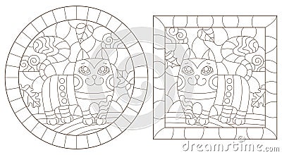 Set of contour illustrations in the style of stained glass with cute cartoon cats, dark contours on a white background Cartoon Illustration