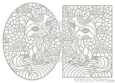 Contour set with illustrations in the style of stained glass with cute cartoon foxes, dark outlines on a white background Vector Illustration