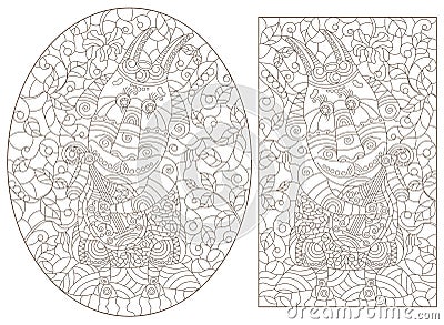 Set of contour illustrations in the style of stained glass with cute Goats Vector Illustration