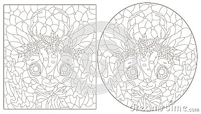 Contour set with illustrations in the style of stained glass with cute portraits of deer, dark contours on a white background Vector Illustration