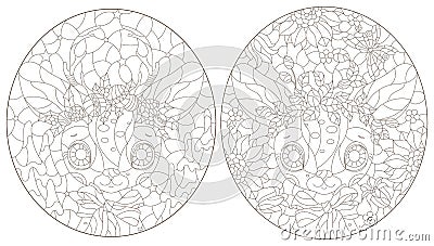 Contour set with illustrations in the style of stained glass with cute portraits of deer, dark contours on a white background Vector Illustration