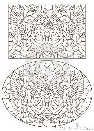 Contour set with illustrations in the style of stained glass with doves, hearts and flowers on a yellow background, dark contour Vector Illustration