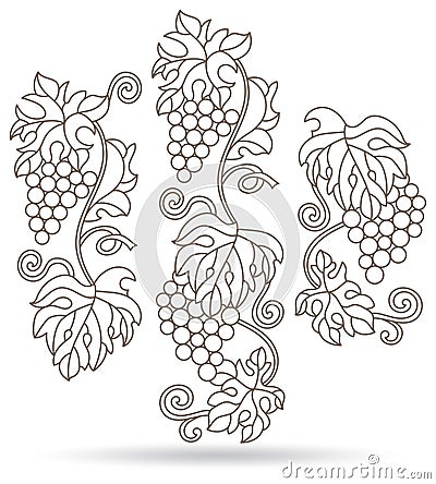 Contour set with illustrations in the style of stained glass with grape vines, dark contours isolated on a white background Vector Illustration