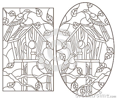 Contour set with illustrations in the style of stained glass with a pair of birds and a birdhouse, dark contours on a white backgr Vector Illustration