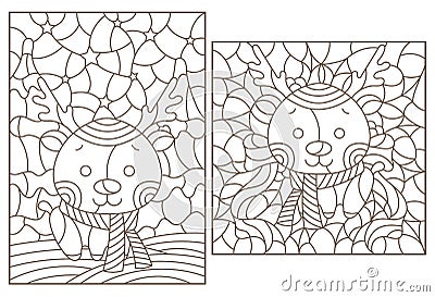 Contour set with illustrations in the style of stained glass on the theme of New Year holidays with cute deers, dark outlines on Vector Illustration