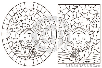 Set of contour illustrations in the style of stained glass on the theme of New Year holidays with cute deers Vector Illustration