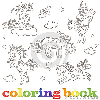 Set contour images of unicorns, funny cartoon animals, black contour on white background coloring book Vector Illustration