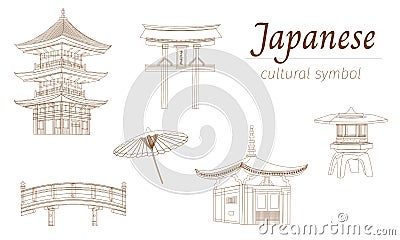 Set of contour Japanese houses and pagodas. Vector national symbols carved on white for the formation of banners, presentations, Vector Illustration