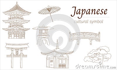 Set of contour Japanese national symbols. Vector illustration cut on white for the formation of banners, presentations, posters Vector Illustration