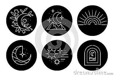 A set of contour mystical icons in boho style, celestial bodies, flowers. Black and white design. Illustration, templates Vector Illustration