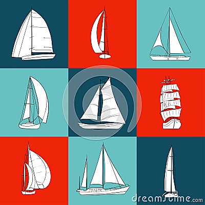 Set of 9 contour sailboats Vector Illustration