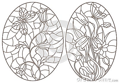 Contour set with stained glass illustrations with flowers and butterflies, dark contours on white background, oval images Vector Illustration