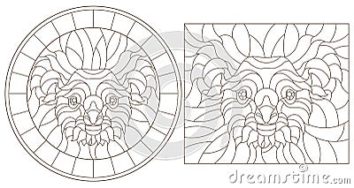 Contour set with stained glass illustrations with koala bear head, round and square image, dark outline on white background Vector Illustration