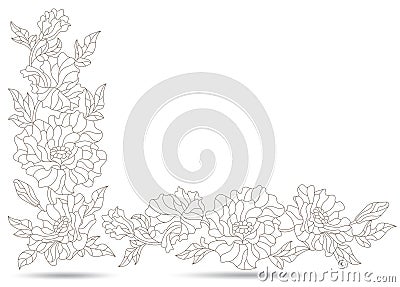 A set of contour stained glass illustrations with poppies flowers , dark contours on white background Cartoon Illustration