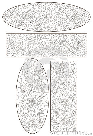 A set of contour stained glass illustrations with poppies flowers , dark contours on white background Cartoon Illustration