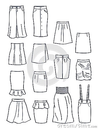 Set of contours of different skirts Vector Illustration