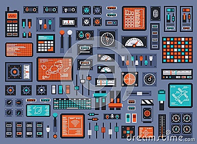 Set of control panel elements for spacecraft or technical industrial station Vector Illustration