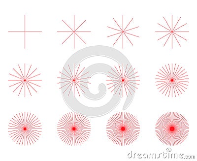Set of converging radiating lines burst icon, geometric sunburst element, sun shape vector illustration Vector Illustration