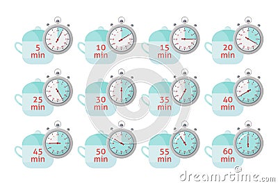 Set of Cook a certain number of minutes icons to indicate the cooking time on food packaging. Vector Illustration