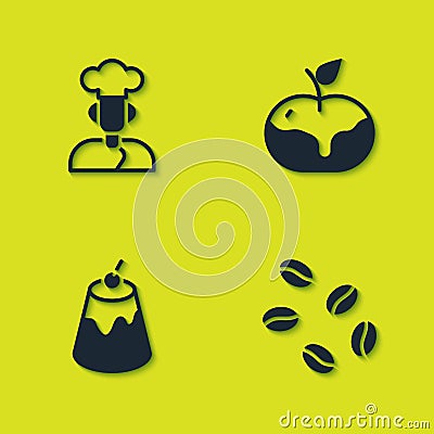 Set Cook, Coffee beans, Pudding custard and Apple caramel icon. Vector Vector Illustration